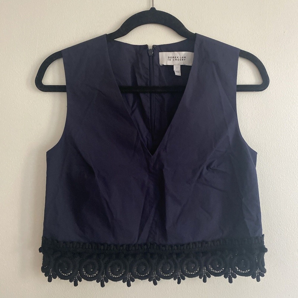 Derek Lam 10 Crosby V-Neck Lace Trim Tank Women Top Blue Crop Shell Sleeveless 2